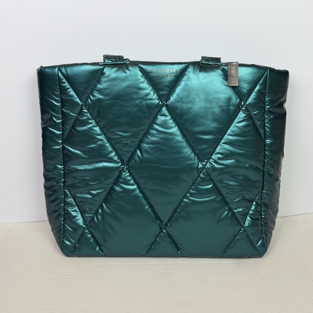NWT‎ Victoria’s Secret Quilted Metallic Green Large Tote Bag Puffer Shopper